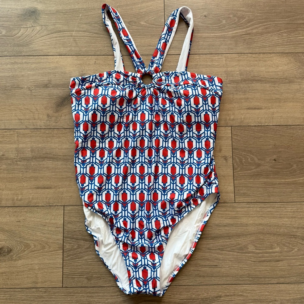 NWT Anthropologie Retro Geometric Print Keyhole Halter One-Piece Swimsuit Size L